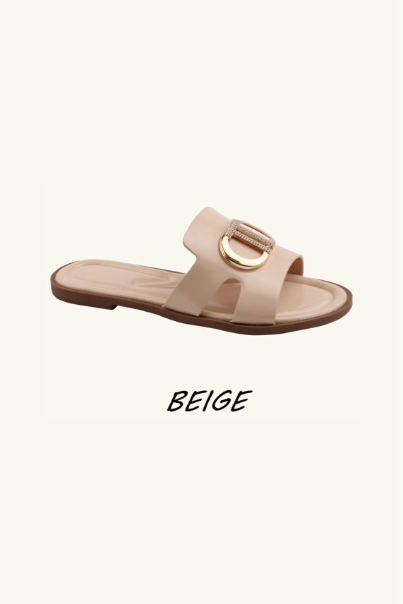Women's Fashion Slip‑On Flat Gold Ring Detail Sliders – Wholesale Bulk Pack 12 Pairs