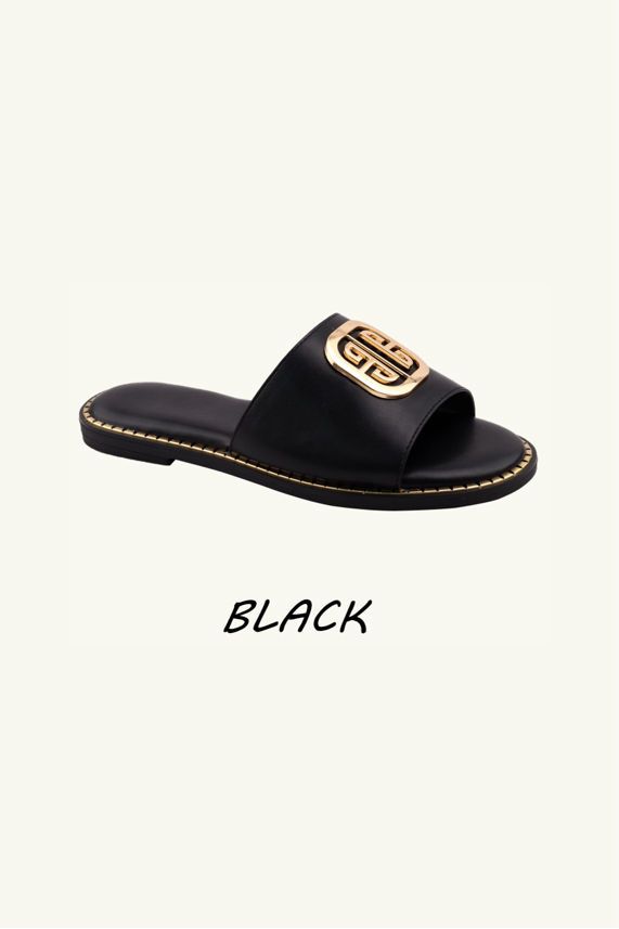 Slip‑On Flat Gold Hardwear Detail Sandal Sliders – Wholesale Bulk Pack 12 Pairs