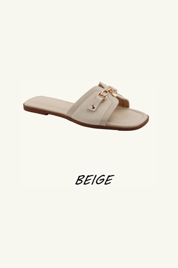 Slip‑On Flat Gold Buckle Detail Sandal Sliders – Wholesale Bulk Pack 12 Pairs